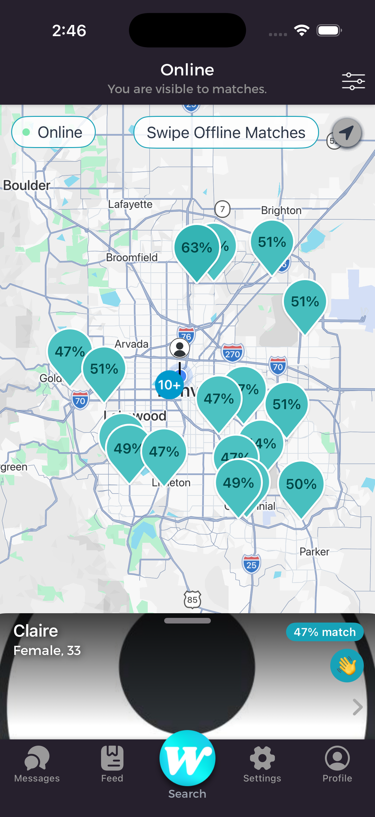 The Wild live map showing nearby matches with match-score pins
